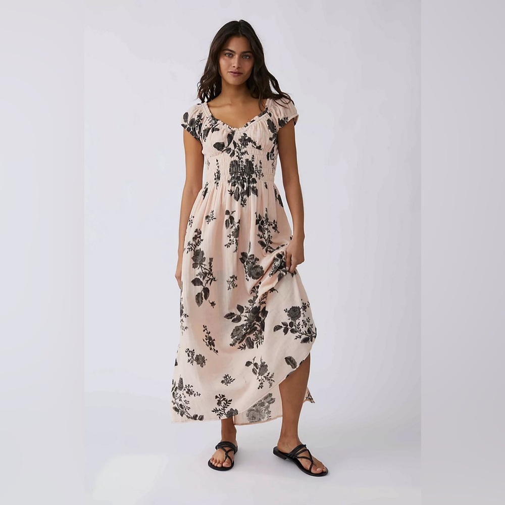 Free People ‘Forget Me Not’ Gauze Cotton Midi Dress in Peach Pink & Black, Small - Picture 6 of 14